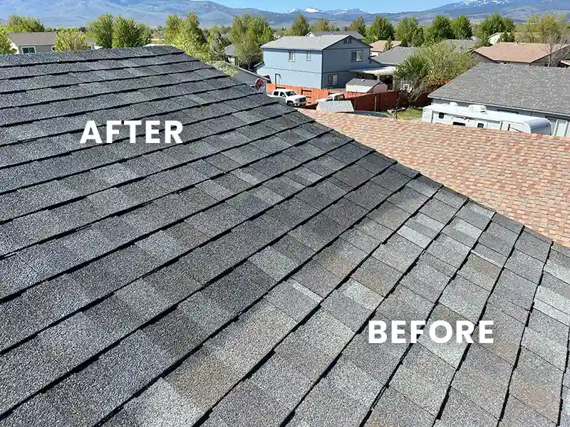 Asphalt shingle roof where the top half has a rejuvenation treatment and the bottom half does not